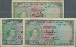 Ceylon: Nice Lot With 3 Banknotes 10 Rupees July 1st 1953 (2 Pcs. In F/F+) And October 16th 1954 (F- - Sri Lanka