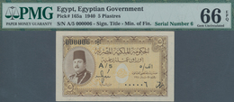 Egypt / Ägypten: Egyptian Government 5 Piastres 1940, P.165a With Serial Number A/5 000006 In Perfec - Egypt