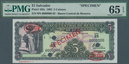 El Salvador: Banco Central De Reserva De El Salvador 5 Colones 1962 SPECIMEN, P.102s, PMG Graded 65 - Salvador