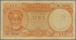 Greece / Griechenland: 10 Drachmai 1954 P. 186a, Used With Several Folds, Stained Paper, Small Pen W - Greece