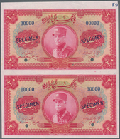 Iran: Uncut Pair Of The 20 Rials SH1313 (1933-34) SPECIMEN, P.26as With Diagonal Overprint "Specimen - Irán