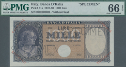 Italy / Italien: 1000 Lire 1947-50 SPECIMEN P.81s In Perfect UNC, PMG Graded 66 Gem Uncirculated EPQ - Other & Unclassified
