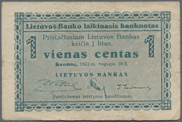 Lithuania / Litauen: 1 Centas 1922 P.1 With Lighly Toned Paper And Some Folds And 5 Centai 1922 P.2 - Lithuania