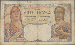 Madagascar: 1000 Francs 1945 P. 41, Used With Folds And Creases, Stain In Paper, One 1,5cm Tear At U - Madagaskar