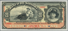 Mexico: El Banco De Sonora 20 Pesos 1899-1911 SPECIMEN, P.S421s, Punch Hole Cancellation And Red Ove - Messico