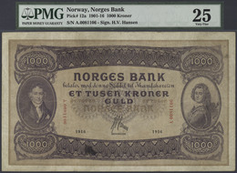 Norway / Norwegen: 1000 Kroner 1916, P.12a, Some Ink Spots, Lightly Toned Paper And A Few Folds, PMG - Norway