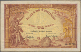 Portugal: 10.000 Reis 1908 P. 81, Beautiful Note, Vertical And Horizontal Fold, Handling In Paper, O - Portugal