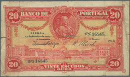 Portugal: 20 Escudos 1925 P. 135, Strong Horizontal Fold, Center Hole, Strong Vertical Fold, Not Rep - Portugal