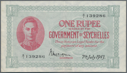 Seychelles / Seychellen: 1 Rupee 1943 P. 7a Portrait KG VI In Exceptional Condition With Only Center - Seychelles