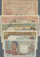 Tahiti: Lot With 5 Banknotes 5, 20, 100, 500 And 1000 Francs Ca.1927-85, P.11, 21, 24-26 In About F - Other - Oceania