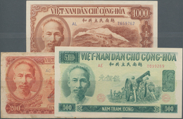 Vietnam: Set With 3 Banknotes Of The Armed Forces Series With 200 Dong 1951 P.63a In F, 500 Dong 195 - Vietnam