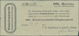 Deutschland - Notgeld - Rheinland: Ohligs, F. W. Backhaus G.m.b.H., 250 Tsd. Mark, 31.8.1923 (Datum - [11] Emisiones Locales