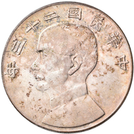 China: 1 Dollar Jahr 23 (1934), Präsident Sun Yat Sen / Dschunke, KM# Y 345. 26,69 G, 800/1000 Silbe - China