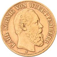 Württemberg: Karl 1864-1891: 10 Mark 1877 F, Jaeger 292. 3,91 G, 900/1000 Gold. Kleiner Randschlag, - Goldmünzen