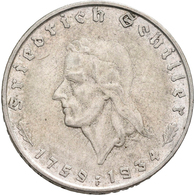 Drittes Reich: Lot 2 Münzen: 2 Reichsmark 1934 F, Schiller, Jaeger 358 + 5 Reichsmark 1934 F, Schill - Other & Unclassified