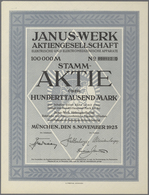 Alte Aktien / Wertpapiere: Lot 8 Aktien 8.11.1923 Der Janus-Werk AG München, 5 X 20.000 Mark Und 3 X - Autres & Non Classés