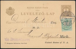 1897 Hunyadi Keserűvíz Millenniumi Díjjegyes Levelezőlap Céglyukasztásos Díjkiegészítéssel Az Egyesült Államokba - Autres & Non Classés