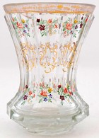 Cca 1860 Emlékpohár, Formába Fúvott üveg, Csiszolt, Zománc Festett, Kopott Aranyozott Peremmel, M:13cm /circa 1860 Memor - Glas & Kristal