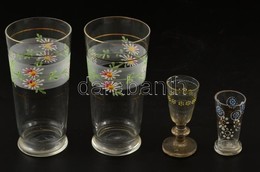 Régi Kézzel Festett Vizes Pohár ( 2 Db), Kupicás (2 Db), Egyiken Nagyon Apró Csorba, 6-13,5 Cm, összesen:4 Db - Verre & Cristal