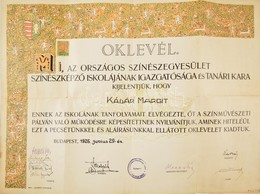 1926 Az Országos Színészegyesület Színészképző Iskolájának Díszes Oklevele Kádár Margit (1906-?) Színésznő Részére, Aláí - Unclassified