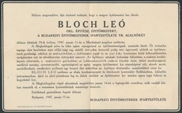 1947 Bp., Bloch Leó Okleveles építész Halotti értesítője - Unclassified