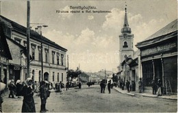 T2/T3 1931 Berettyóújfalu, Fő Utca, Református Templom, Fodor Sándor Nagyáruháza, Illyés Károly Cipész - Zonder Classificatie