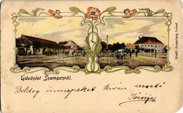 T4 1905 Szenc, Szempcz, Senec; Fő Tér, Szentháromság Szobor, üzletek. Szecessziós Virágos Litho Keret. Kiadja Jungkönig  - Zonder Classificatie