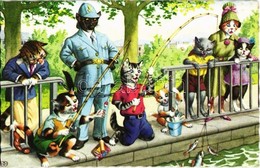 T2 Fishing Cats And Officer Cat. Alfred Mainzer ALMA 4925. - Modern Postcard - Ohne Zuordnung