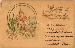 T2/T3 1901 Boldog Húsvéti Ünnepeket / Easter Greeting Art Postcard, Dwarf In Egg Cart Drawn By Rabbits. Emb. - Unclassified