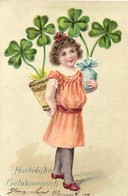 T2/T3 Greeting Card, Child With Clovers, Emb. Litho (EK) - Unclassified