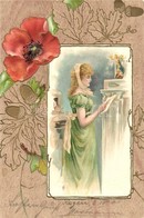 T2 Lady, Art Nouveau, Floral Greeting Card, Emb. Litho - Unclassified