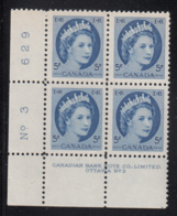 Canada 1954 MNH #341 5c Elizabeth II Wilding Plate 3 Lower Left Plate Block - Plate Number & Inscriptions