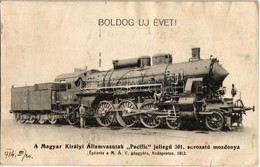* T2/T3 1914 Boldog Új Évet! Magyar Királyi Államvasutak 'Pacific' Jellegű 301. Sorozatú Mozdonya / Hungarian State Rail - Unclassified
