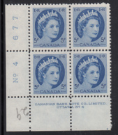 Canada 1954 MNH #341 5c Elizabeth II Wilding Plate 4 Lower Left Plate Block - Plate Number & Inscriptions