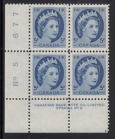 Canada 1954 MNH #341 5c Elizabeth II Wilding Plate 5 Lower Left Plate Block - Plate Number & Inscriptions