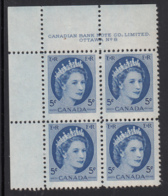 Canada 1954 MNH #341 5c Elizabeth II Wilding Plate 8 Upper Left Plate Block - Num. Planches & Inscriptions Marge