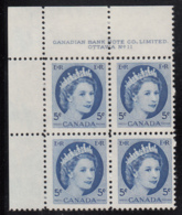 Canada 1954 MNH #341 5c Elizabeth II Wilding Plate 11 Upper Left Plate Block - Num. Planches & Inscriptions Marge