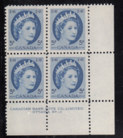 Canada 1954 MNH #341 5c Elizabeth II Wilding Plate 13 Lower Right Plate Block - Num. Planches & Inscriptions Marge