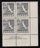 Canada 1954 MNH #343 15c Gannet Plate 1 Lower Right Plate Block - Plate Number & Inscriptions