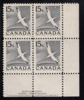 Canada 1954 MNH #343 15c Gannet Plate 3 Lower Right Plate Block - Plate Number & Inscriptions