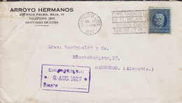 ARROYO HERMANOS Slogan Flamme 'Tabaco Smoke Cuban Cigars' SANTIAGO DE CUBA 1927 Cover Letra HAMBURG Germany - Covers & Documents