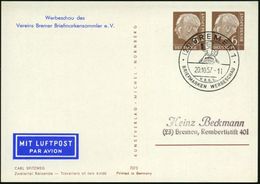 (23) BREMEN 1/ V.B.B.S./ BRIEFM.WERBESCHAU 1957 (20.10.) SSt = Bacchus Auf Weinfaß A. Passender PP 7 Pf.Heuss: Werbescha - Mythologie