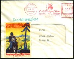 OLBERNHAU/ C.G.Einhorn../ Dampfsäge-/ U.Hobelwerk.. 1936 (8.7.) AFS = Einhorn + Color-Reklamevign.: Grenzlandschau Olber - Mythologie