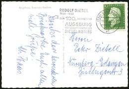 (13b) AUGSBURG 2/ Ef/ RUDOLF DIESEL/ ZUM 100.GEBURTSTAG.. 1958 (Sept.) MWSt (Halbstempel) Klar Auf Bedarfs-Kt. (Bo.39 A  - Automobili