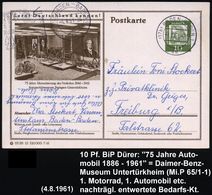 Stuttgart-Untertürkheim 1961 (4.6.) 10 Pf. BiP Dürer, Grün: Automobilmuseum Daimler-Benz Automobile, Motorrad (gest. BAD - Autos