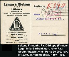 LÜBECK/ *1II 1923 (11.2.) MaStrichSt  Auf Firmen-Kt.: Lange & Nielsen.. DÜRKOPP, Zweigniederlassungen.. (Logo) + Roter R - Autos