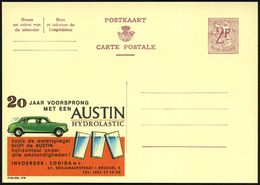 BELGIEN 1959 2 F. Reklame-P. Wappenlöwe, Weinrot: 20 JAAR VOORSPRONG..AUSTIN/HYDROLASTIC.. = Austin "Hydrolastic" (u. 3  - Voitures