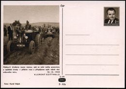 TSCHECHOSLOWAKEI 1950 1,50 Kc. BiP Gottwald, Braun: JZD-Agrar-Genossenschaft: Blumengeschmückter Traktor + Raupenschlepp - Autos