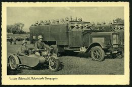 DEUTSCHES REICH 1934 (ca.) S/w.-Foto-Ak.: MotorisierteKompanie = Krad-Gespann, LKW Henschel , Ungebr. (Fotograf: A. Gros - Cars