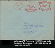 BÖHMEN & MÄHREN 1945 (22.3.) Später AFS 380 H.: PRAG 66/PRAG 66/MOTO/ J A W A ..ING.F.JANACEK (Logo = Motorrad-Herstelle - Motorfietsen